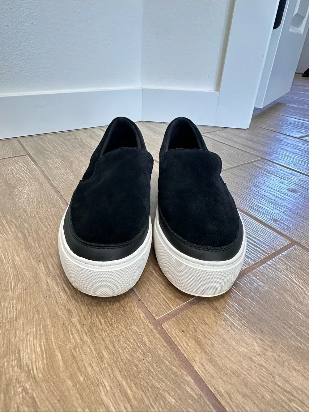 UGG Men's Black Suede Slip-On Sneakers with White Platform Sole